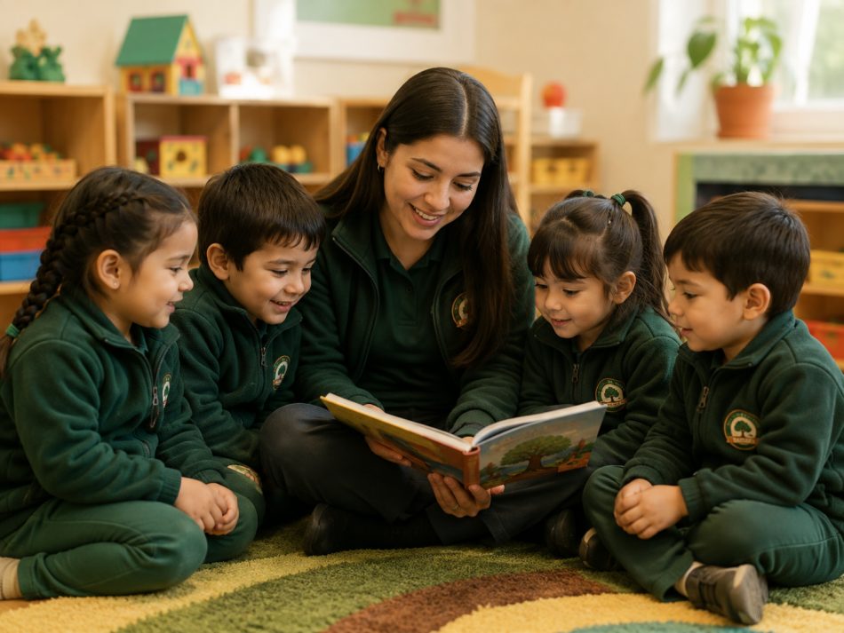 Una educadora leyendo un cuento a un grupo de niños