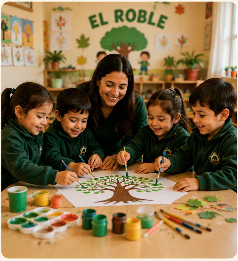 Niños pintando el roble de la escuela