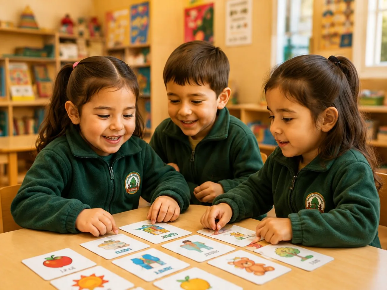 Niños trabajando con tarjetas de lenguaje